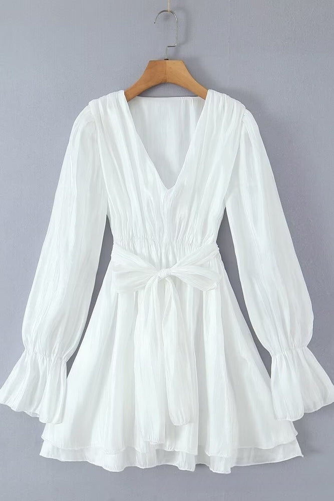 
                      
                        Long Sleeves Pink Ruched Tiered Short Dress with Belt
                      
                    