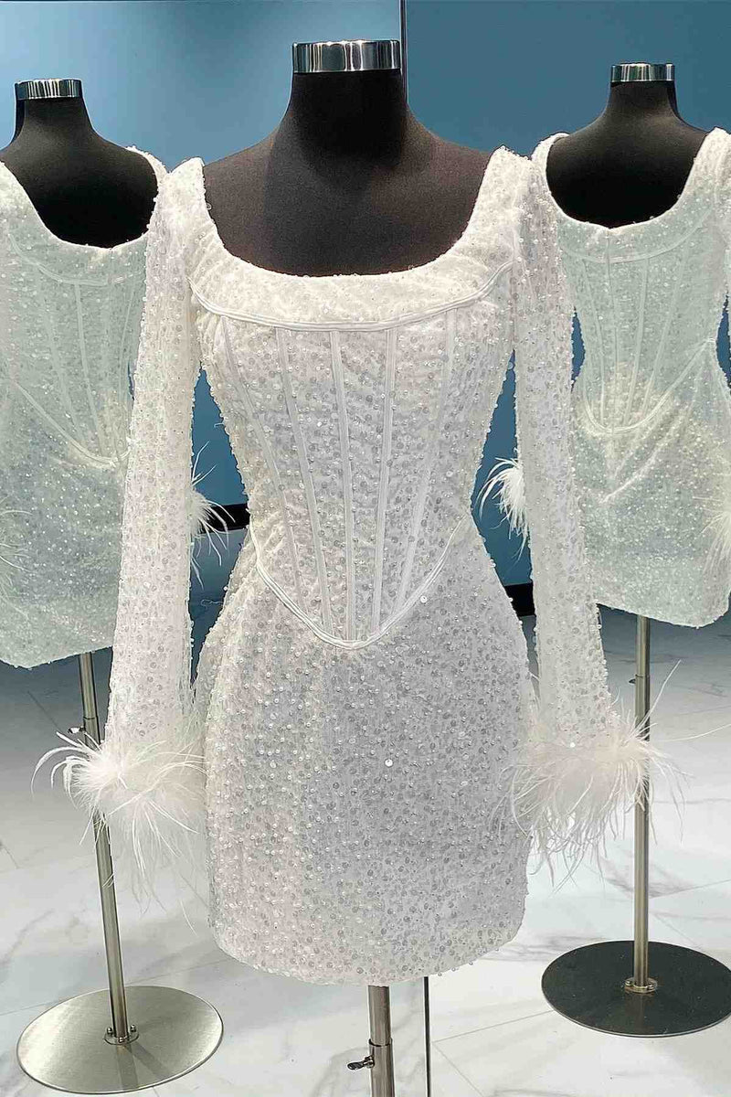 Long Sleeves White Sequin Bodycon Short Dress – PollyBoutique