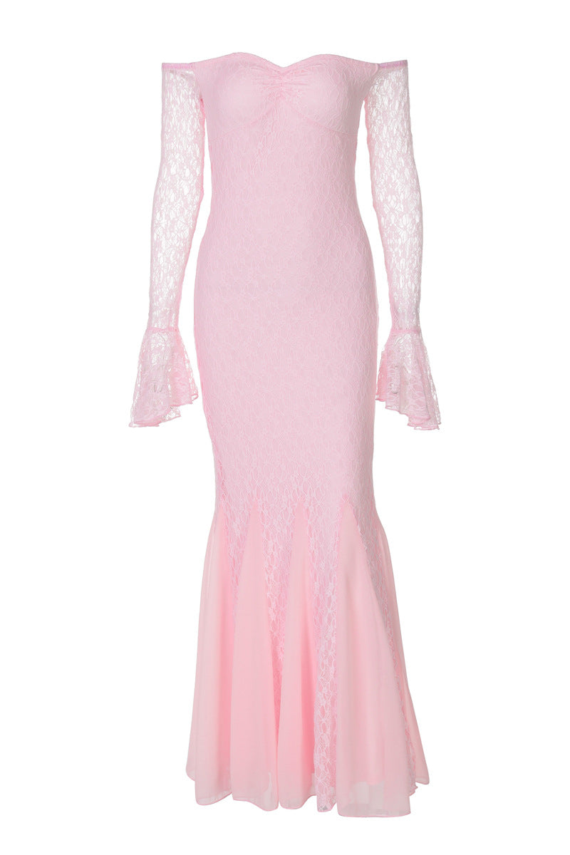Long Sleeves Pink Lace Mermaid Long Dress