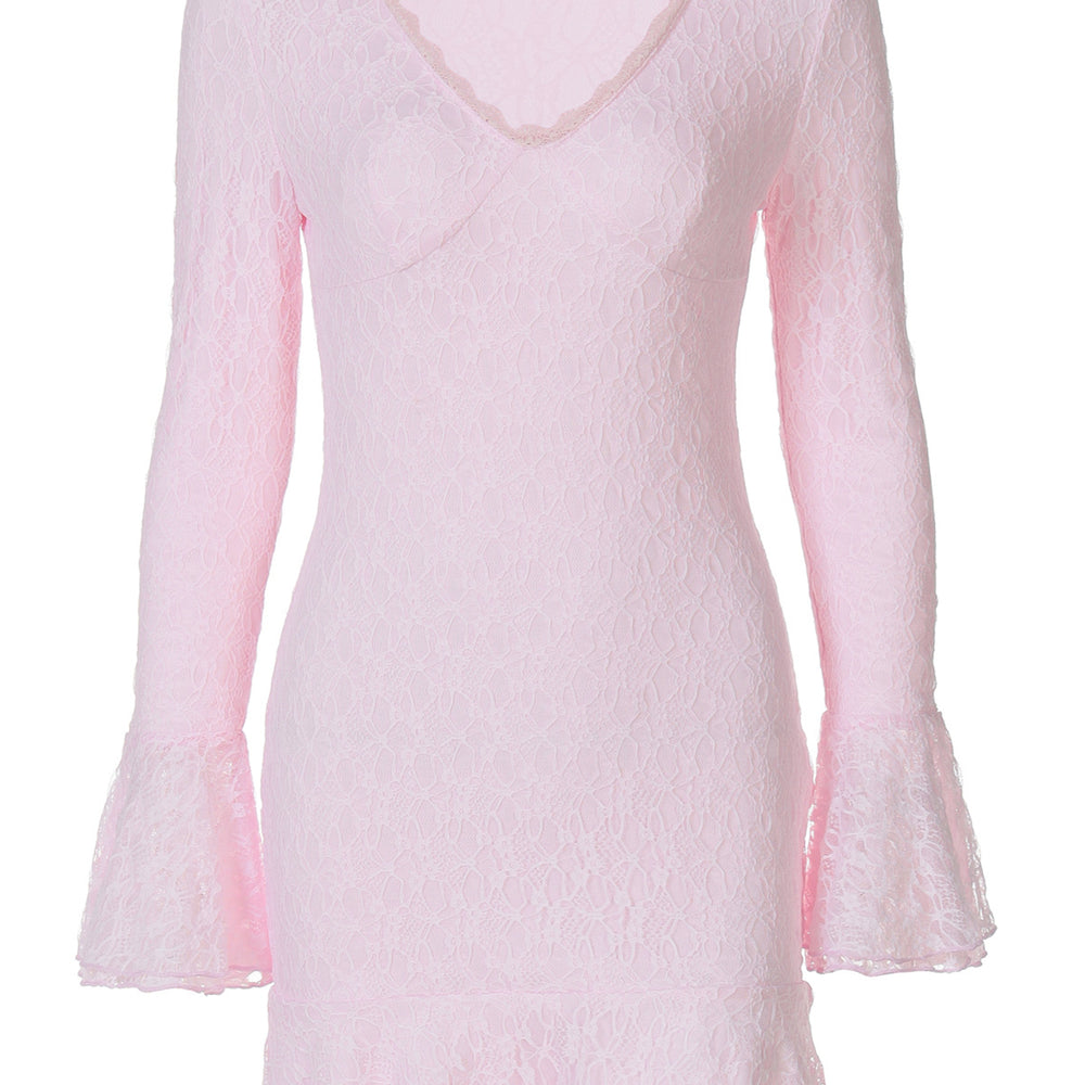 
                      
                        Long Sleeves Pink Lace Ruffled Short Dress
                      
                    