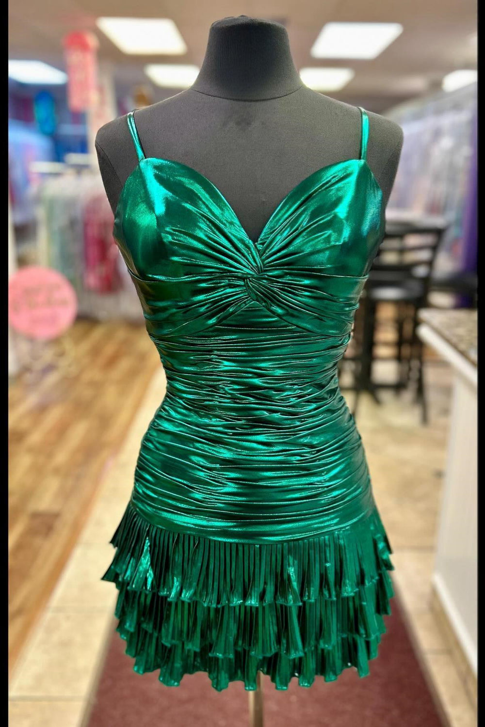 Metallic Green Knotted Ruffles Homecoming Dress