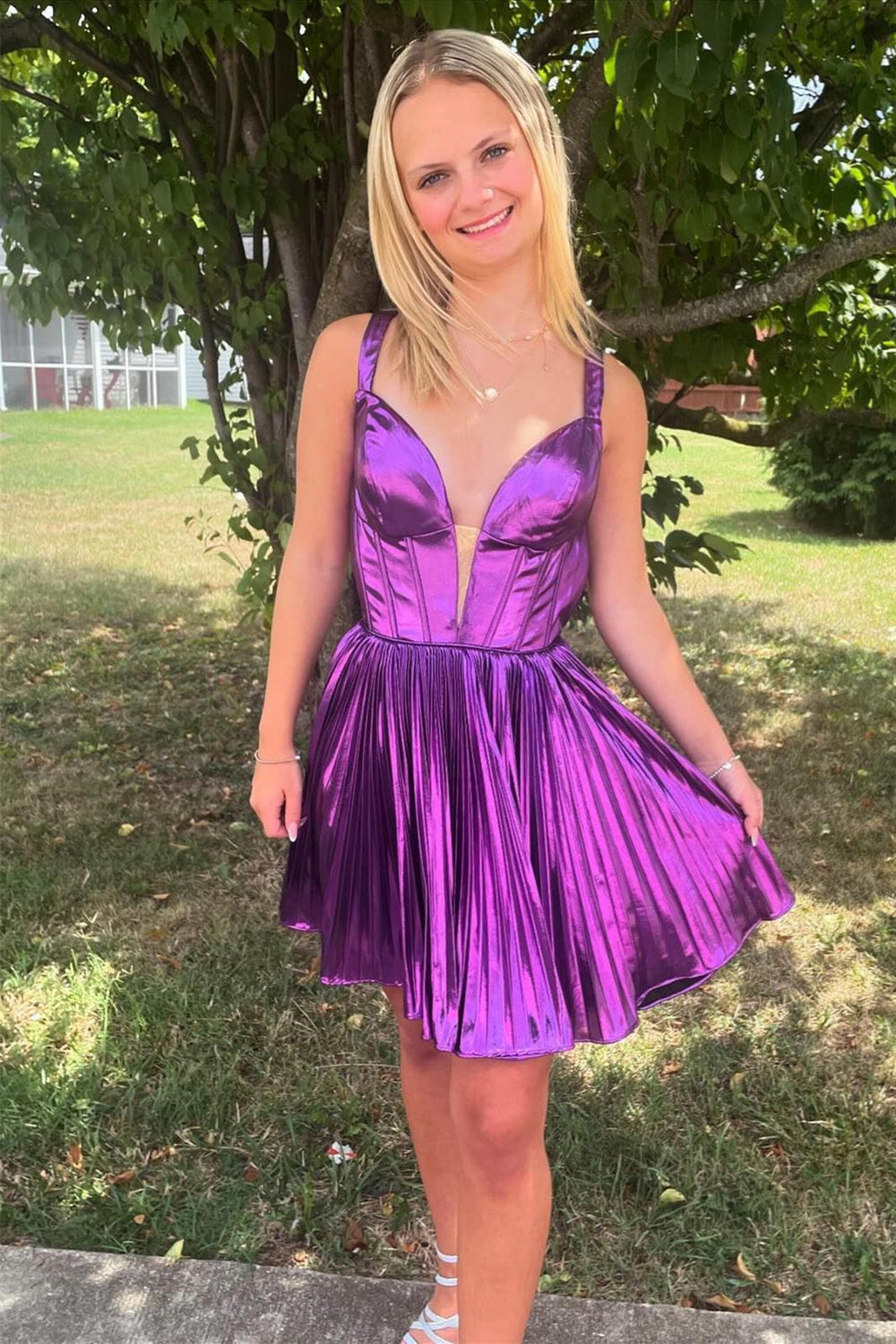 Metallic Purple Pleated A-line Short Dress