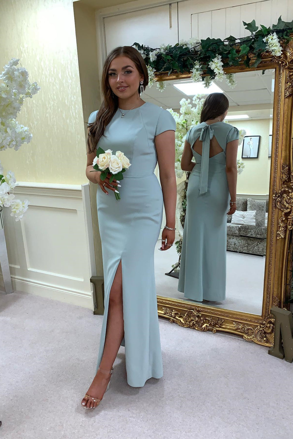 Mint Green Back Bow Bridesmaid Dress with Slit