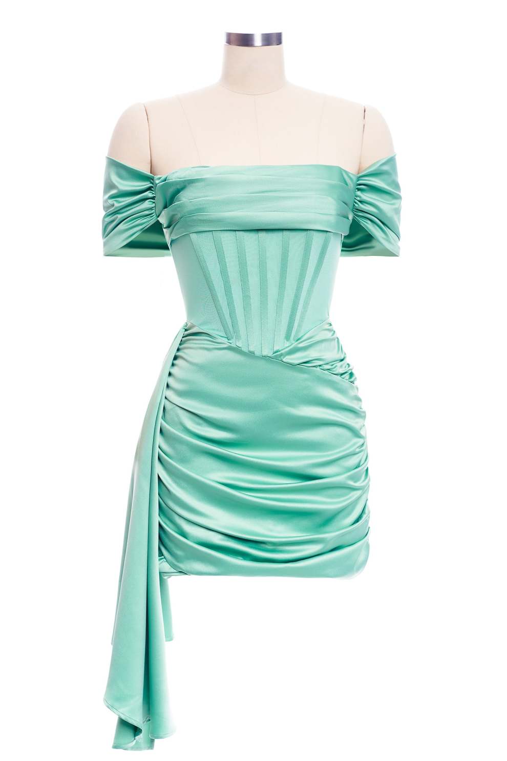 Mint Green Ruched Bodycon Short Dress with Shawl