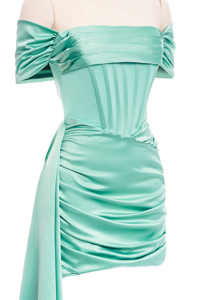 
                      
                        Mint Green Ruched Bodycon Short Dress with Shawl
                      
                    