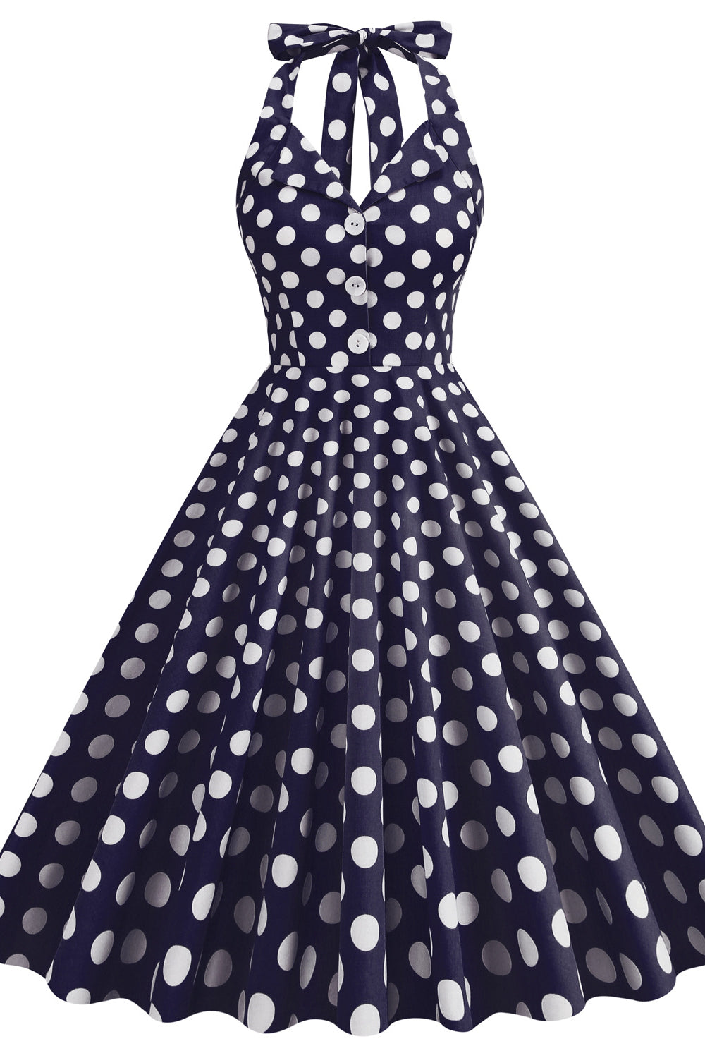 Navy Blue 1950s Polka Dots Halter Swing Dress