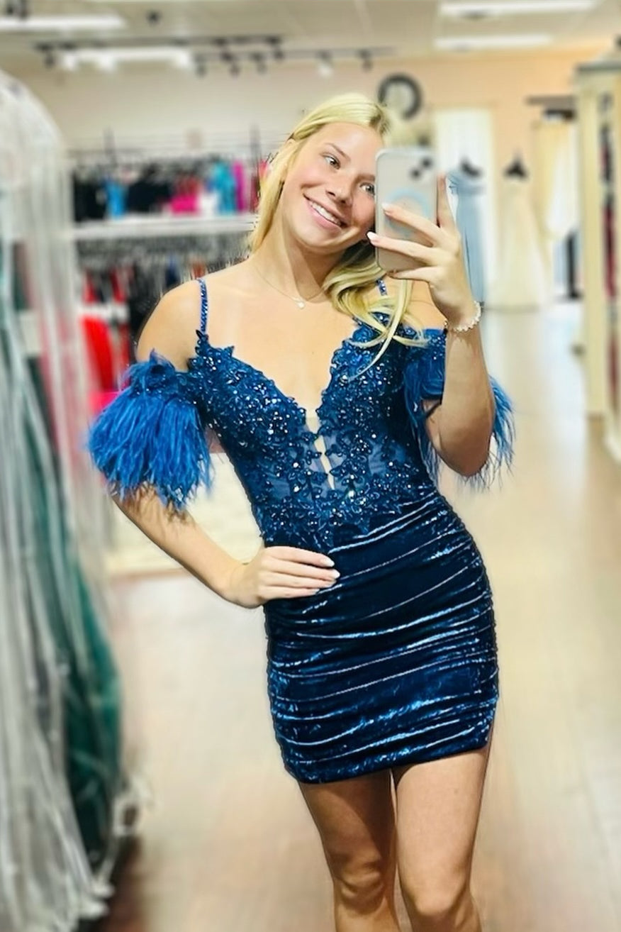 Navy Blue Appliques Short Dress with Feather