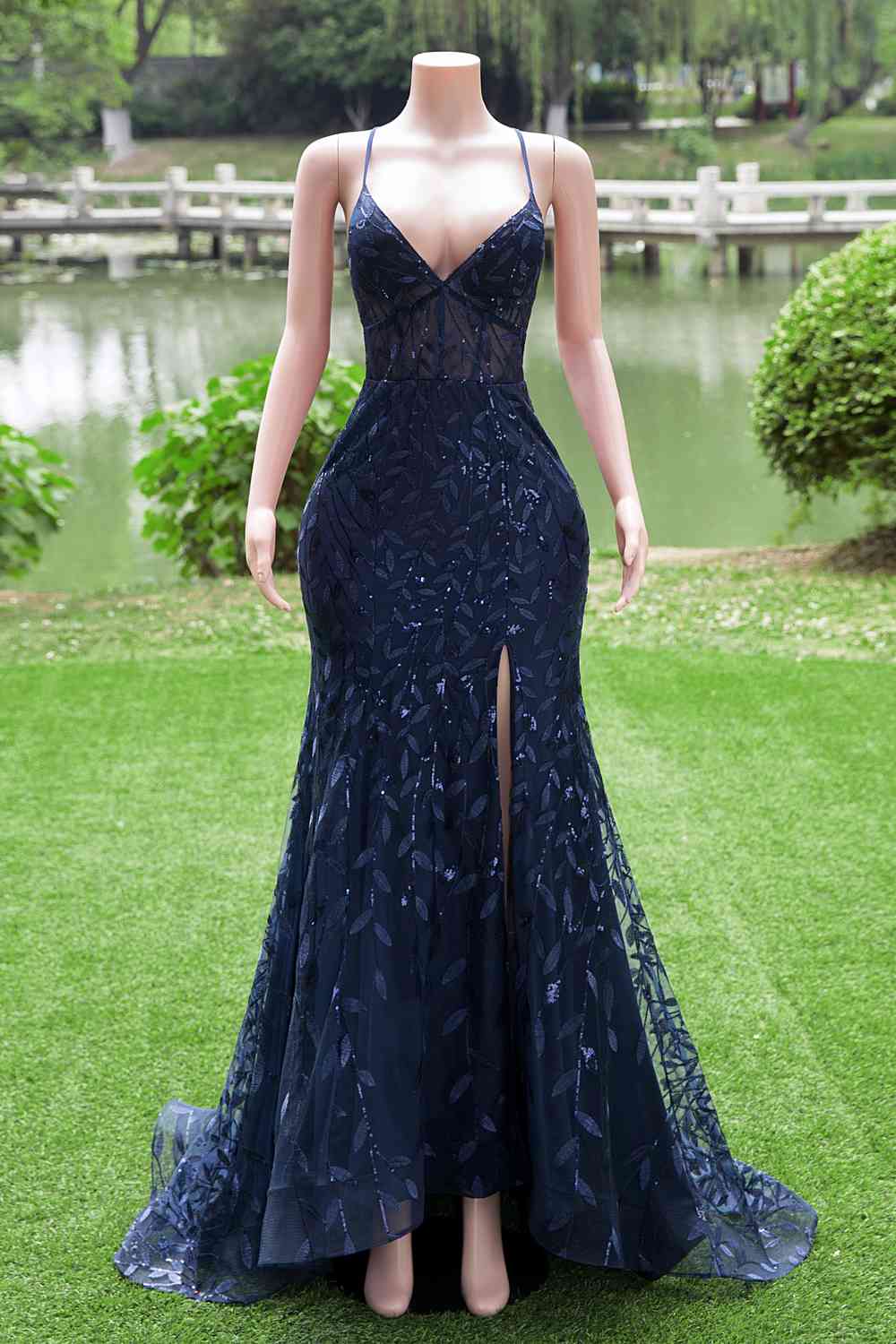 Navy Blue Sequin Mermaid Long Dress with Slit