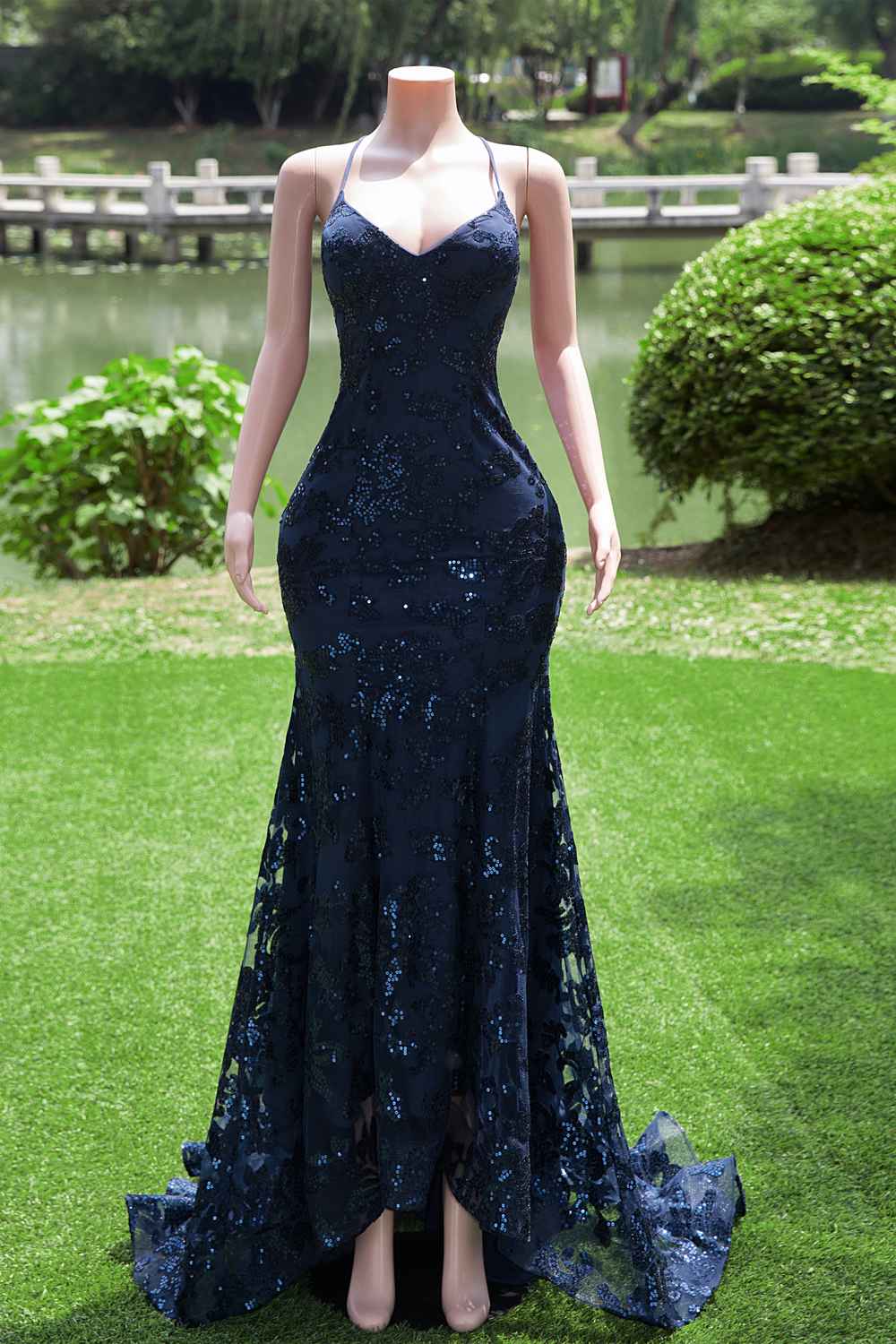 Navy Blue Sequin Tulle Mermaid Long Dress