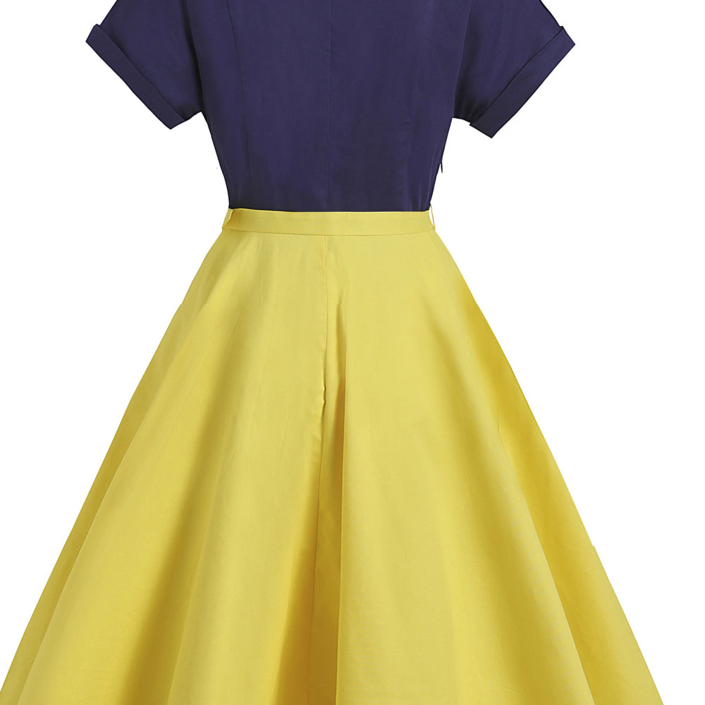 blue and yellow dress Navy Blue and Yellow Two Tone 1950s Belted Swing Dress – PollyBoutique