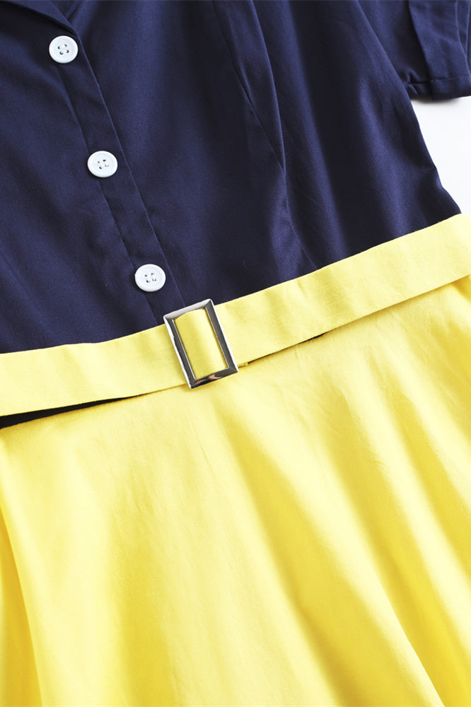 
                      
                        Navy Blue and Yellow Two Tone 1950s Belted Swing Dress
                      
                    