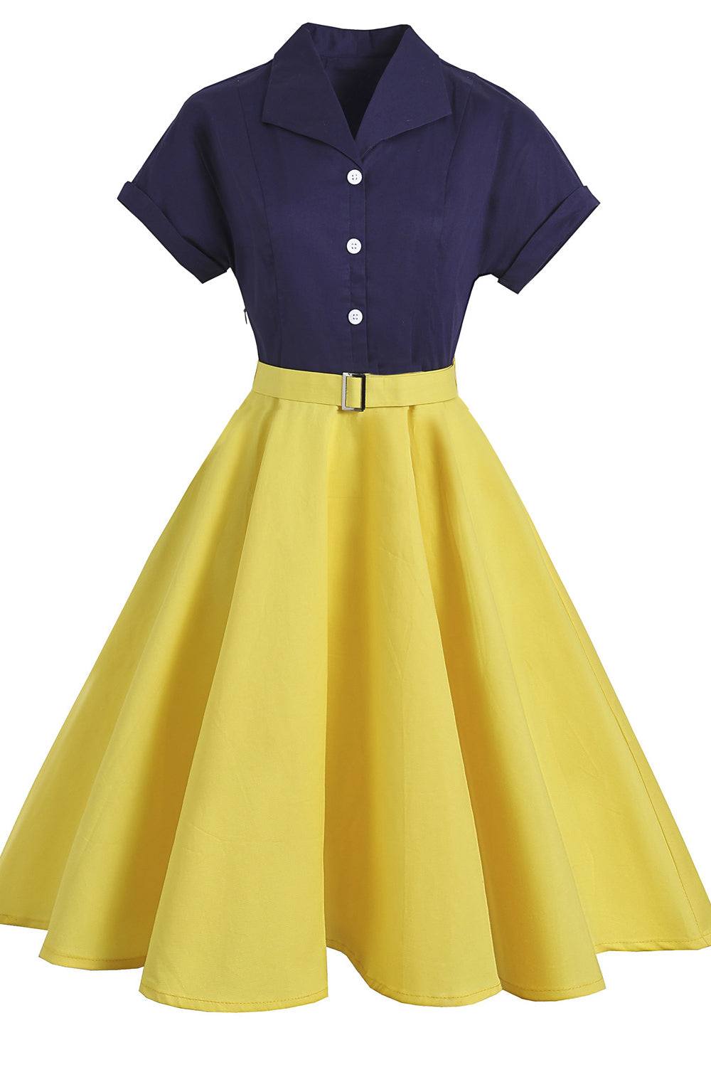 Navy Blue and Yellow Two Tone 1950s Belted Swing Dress