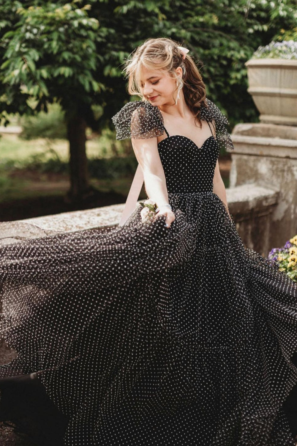 Navy Blue Polk Dots A-line Princess Dress