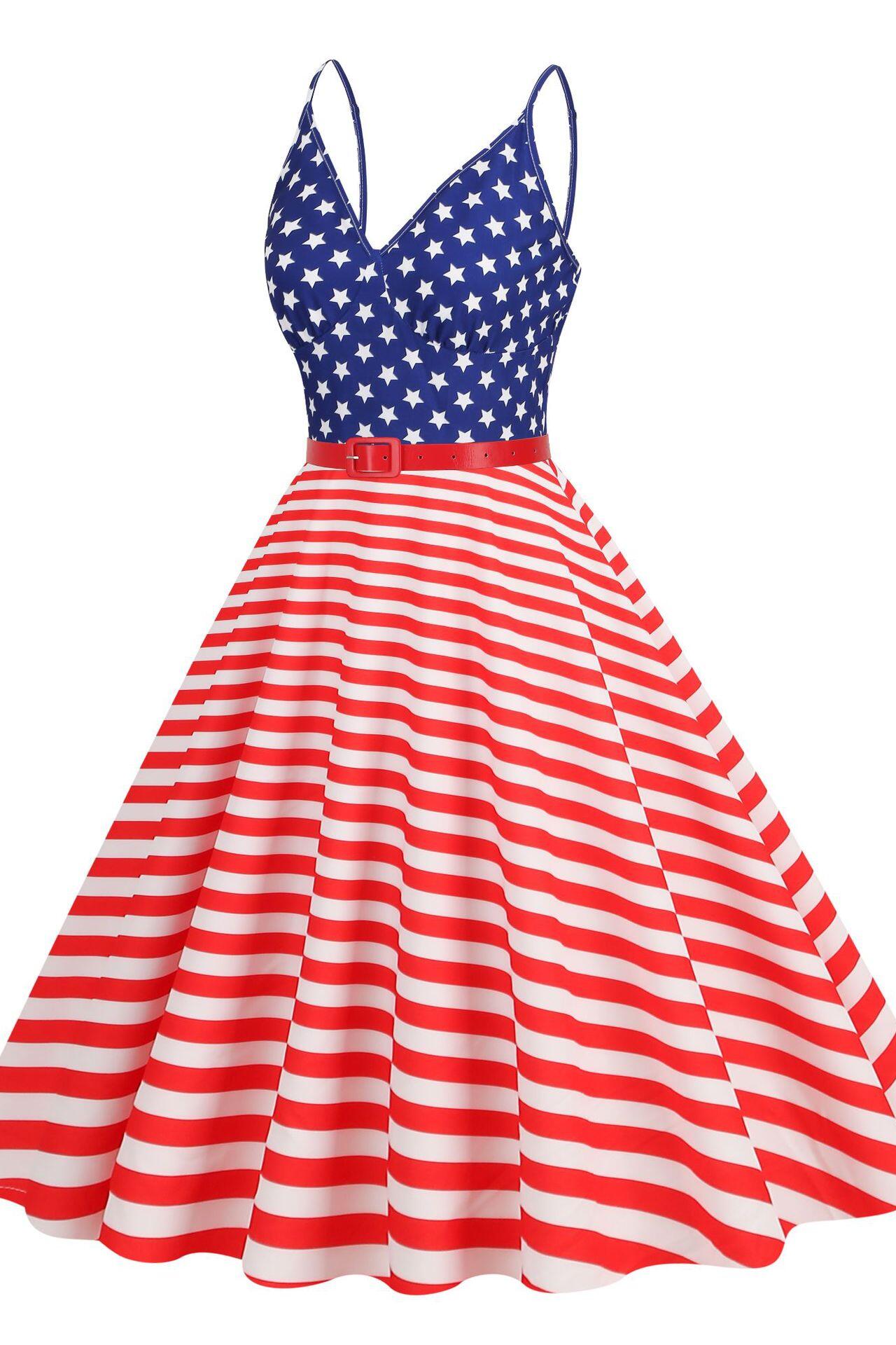 Red 1950s American Flag Print Vintage Dress