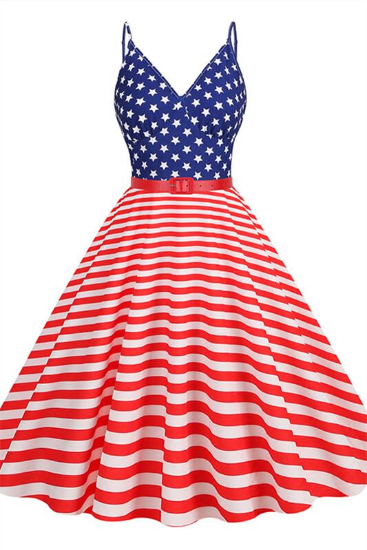 Red 1950s American Flag Print Vintage Dress