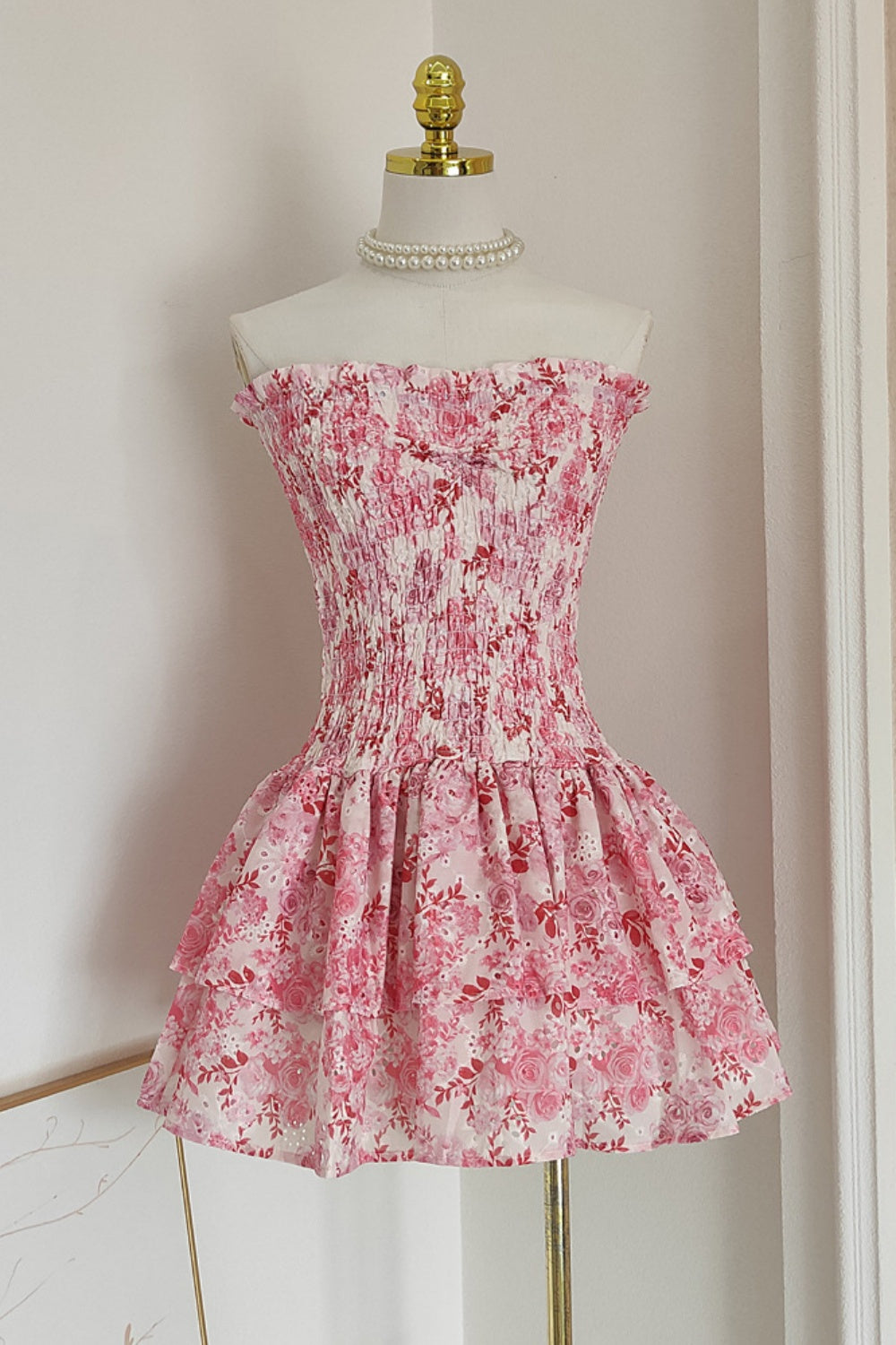 Strapless Pink Floral Print Tiered Short Dress