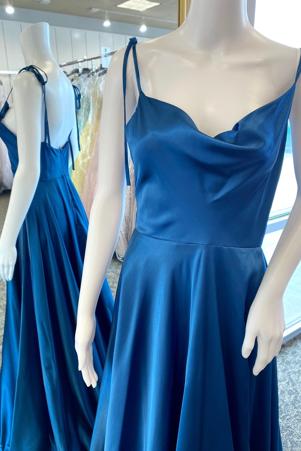 Ocean Blue A-line Long Dress with Tie Shoulders