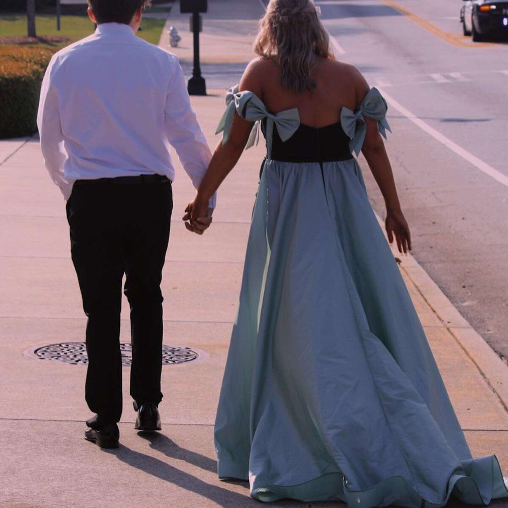 
                      
                        Off-Shoulder Black and Pink Velvet Long Dress with Bow
                      
                    