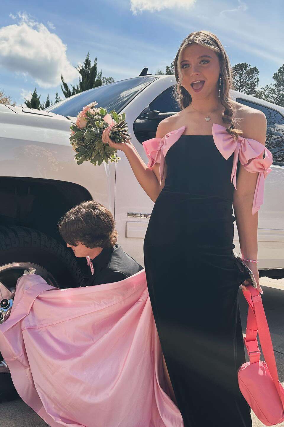 Off-Shoulder Black and Pink Velvet Long Dress with Bow