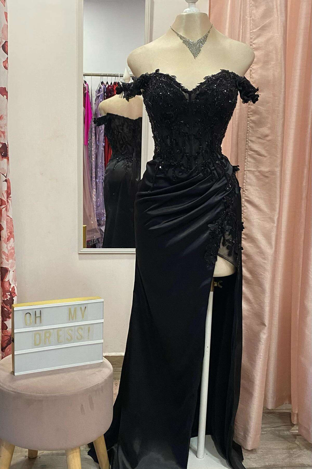 Off Shoulder Black Beaded Ruched Long Dress