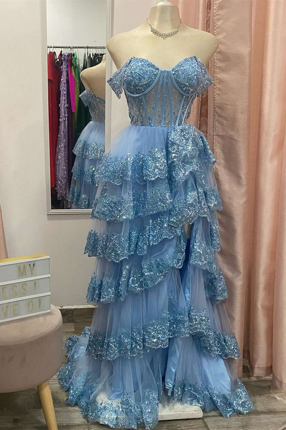 Off Shoulder Blue Sequin Ruffle Tiered Long Dress