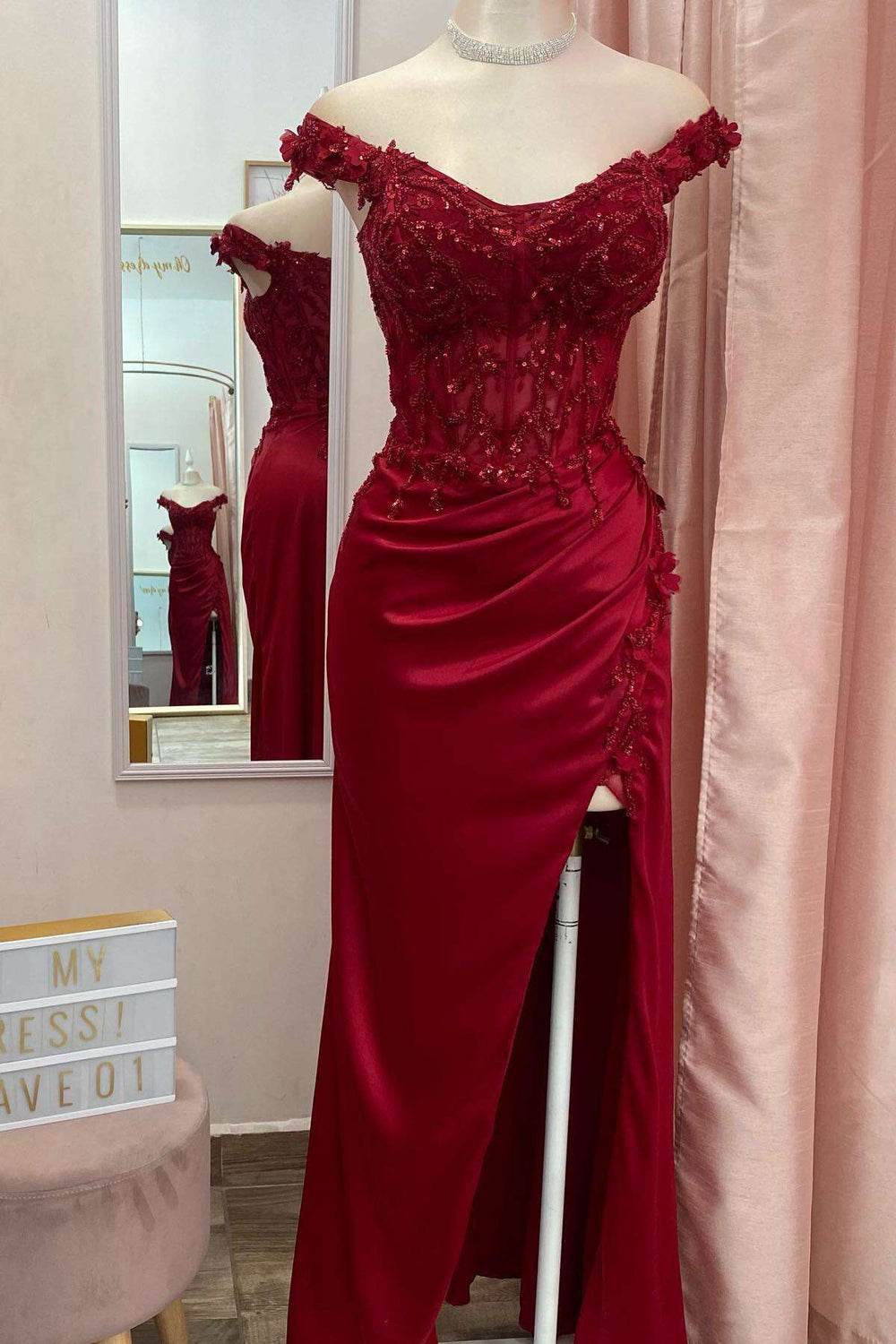 Off Shoulder Burgundy Sequin Mermaid Long Dress