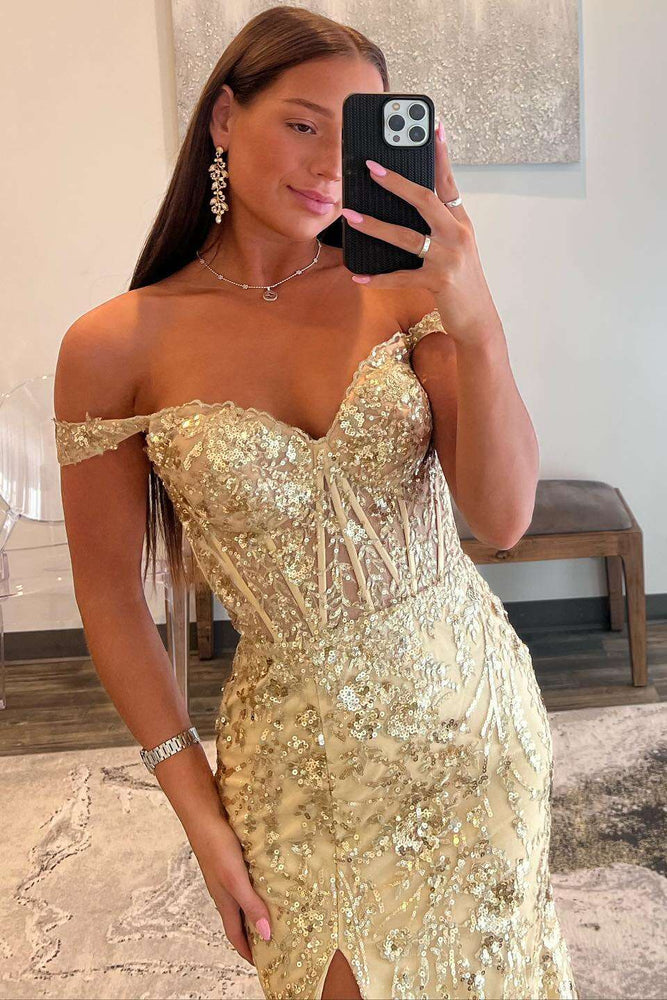 
                      
                        Off Shoulder Gold Sequin Mermaid Long Dress with Slit
                      
                    