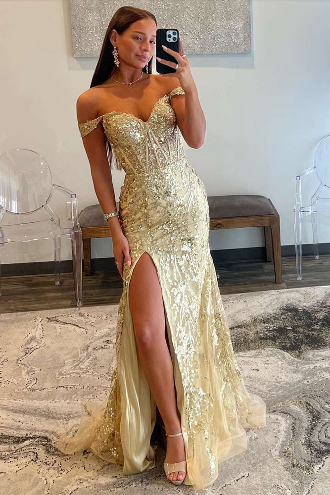 
                      
                        Off Shoulder Gold Sequin Mermaid Long Dress with Slit
                      
                    