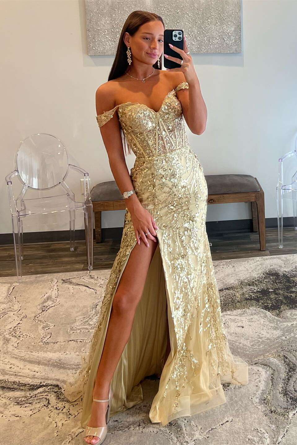 Off Shoulder Gold Sequin Mermaid Long Dress with Slit