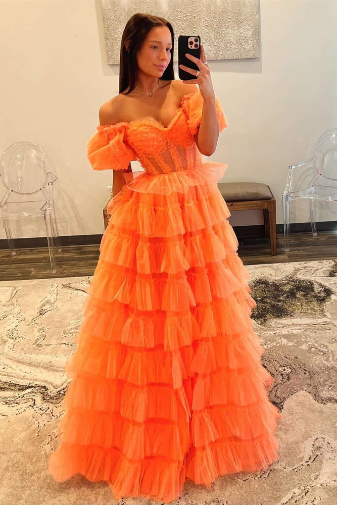 
                      
                        Off Shoulder Orange Tiered Long Dress with Slit
                      
                    