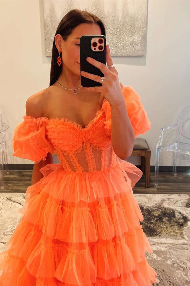 
                      
                        Off Shoulder Orange Tiered Long Dress with Slit
                      
                    