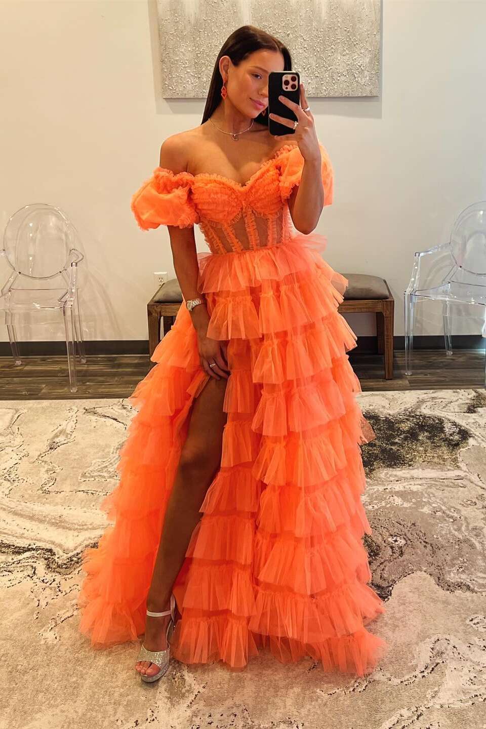 Off Shoulder Orange Tiered Long Dress with Slit