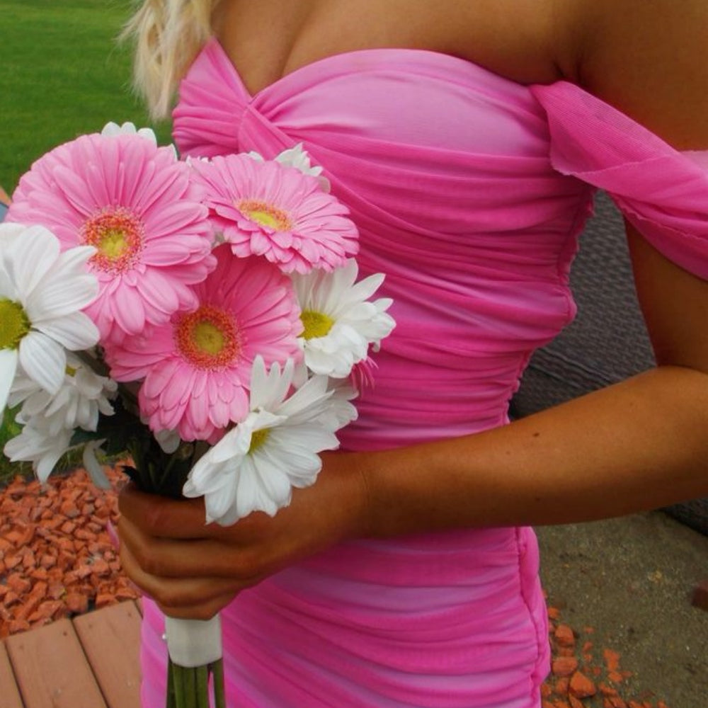 
                      
                        Off Shoulder Pink Ruched Long Dress with Ruffle Hem
                      
                    