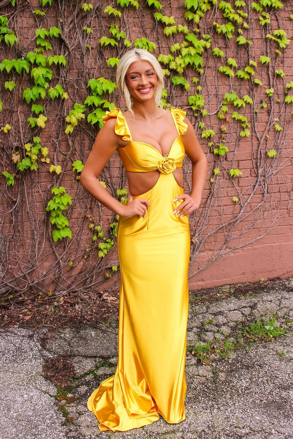Off Shoulder Yellow Cutout Long Dress with Rosette