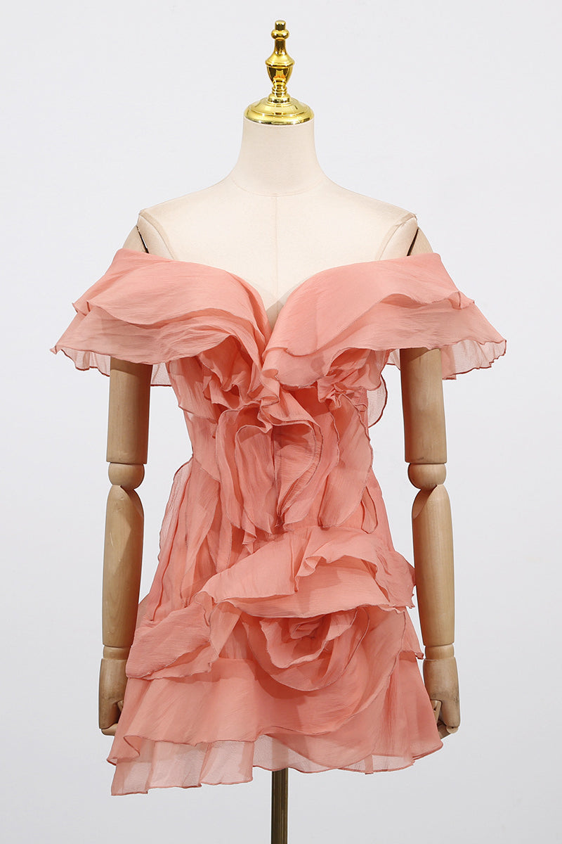 Off the Shoulder Apricot Ruffled Hem Short Dress