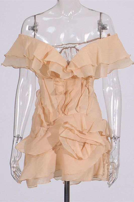 Off the Shoulder Apricot Ruffled Hem Short Dress