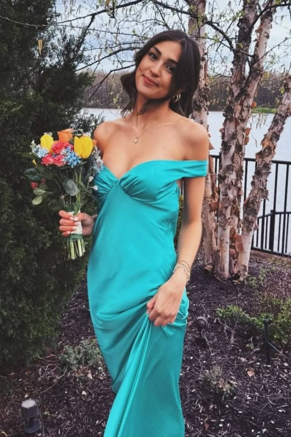 Off the Shoulder Aqua Open Back Sheath Long Dress – PollyBoutique