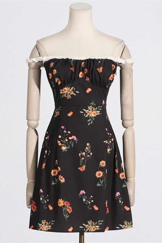 Off the Shoulder Black Floral Print A-line Short Dress
