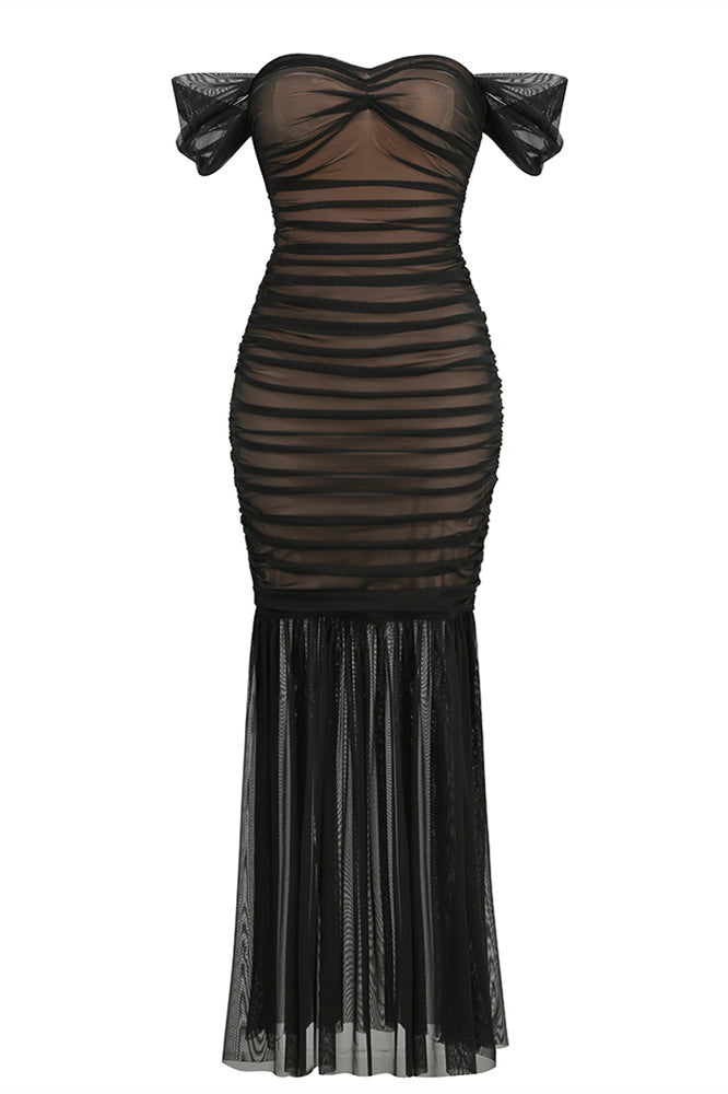 Off the Shoulder Black Ruched Long Dress