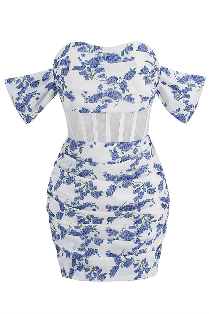 Off the Shoulder Blue Floral Print Bodycon Short Dress