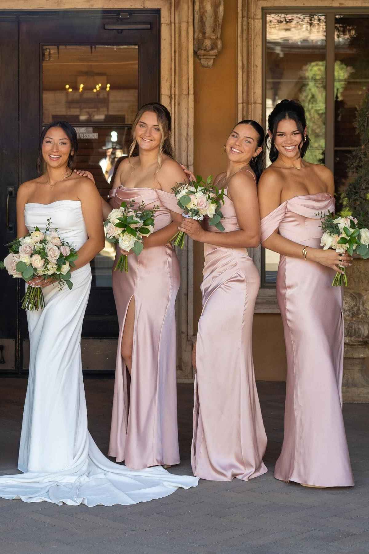 Off the Shoulder Champagne Bridesmaid Dress with Slit