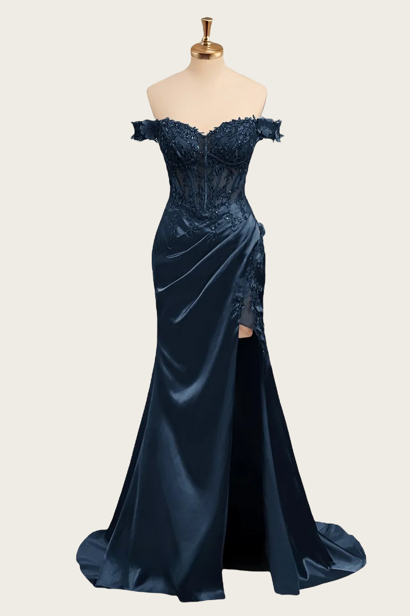 Off the Shoulder Emerald Green Appliques Long Dress