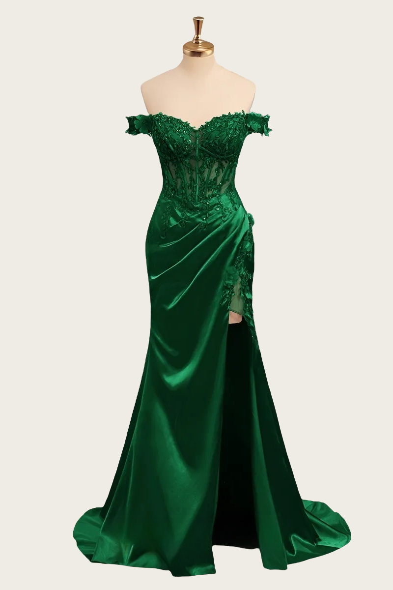 Off the Shoulder Emerald Green Appliques Long Dress