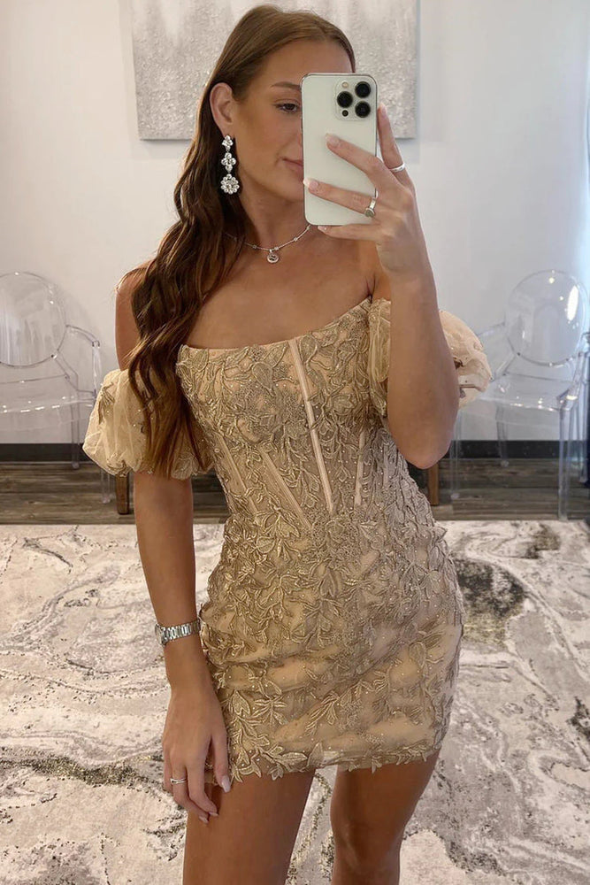 
                      
                        Off the Shoulder Golden Appliques Short Dress
                      
                    