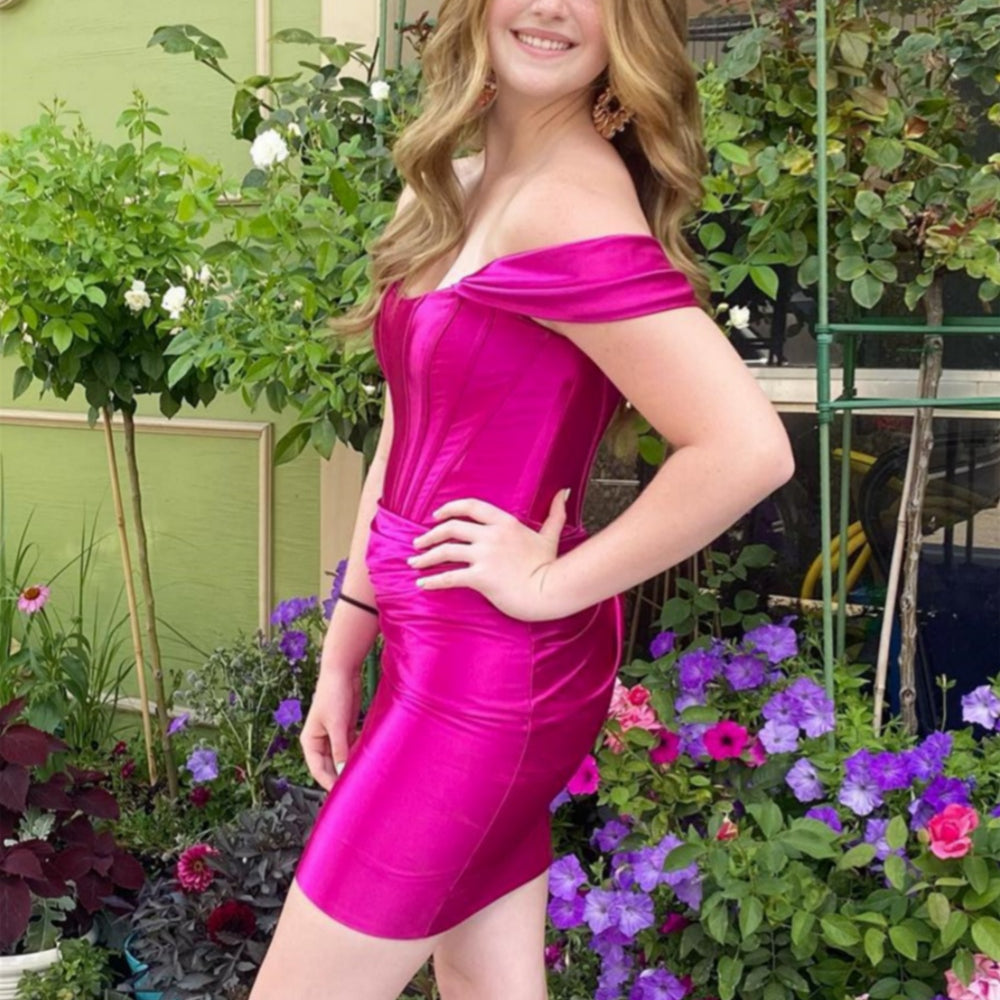 
                      
                        Off the Shoulder Hot Pink Ruched Short Dress
                      
                    