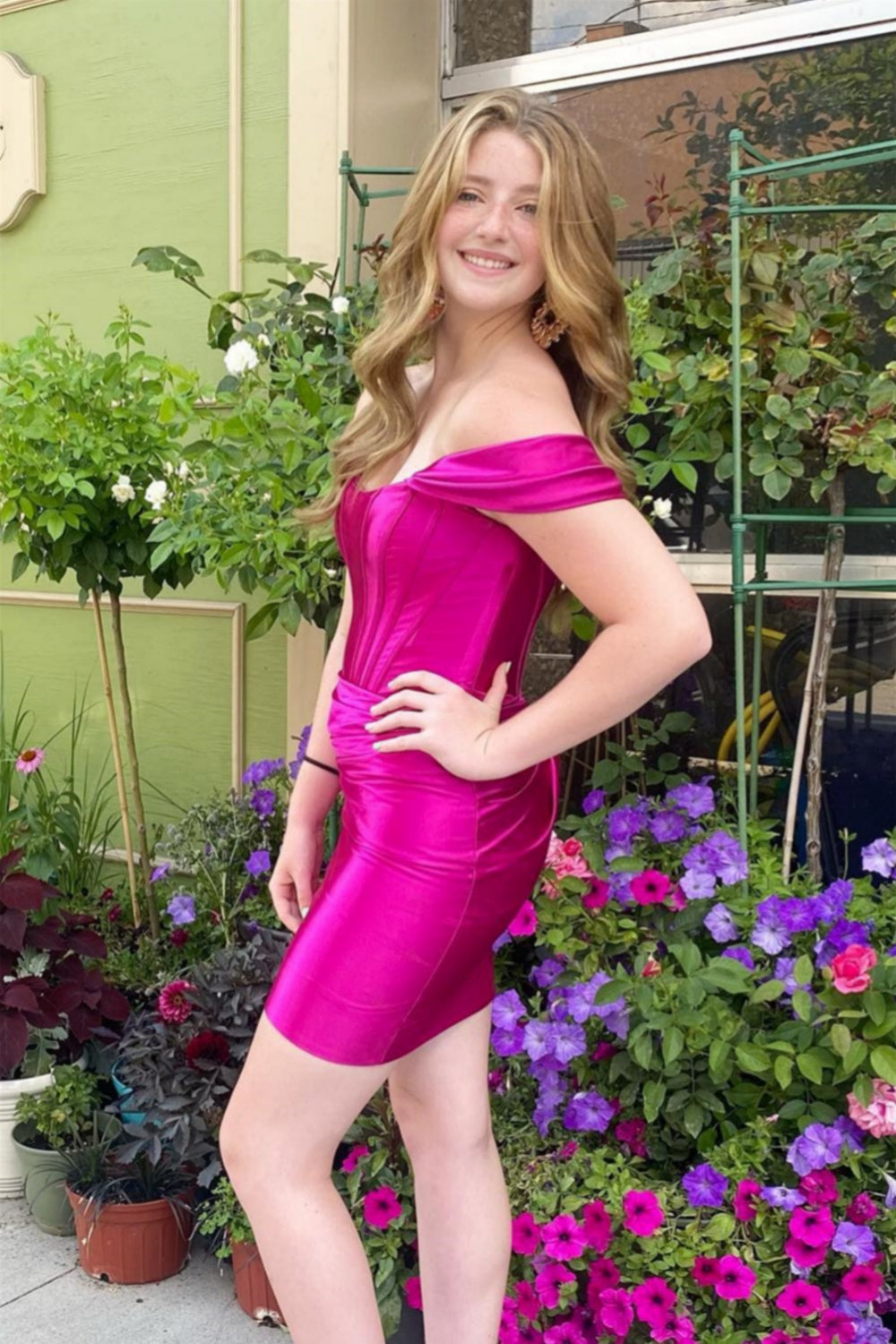 Off the Shoulder Hot Pink Ruched Short Dress