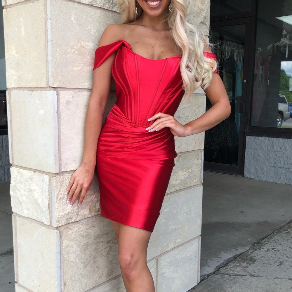 
                      
                        Off the Shoulder Hot Pink Ruched Short Dress
                      
                    