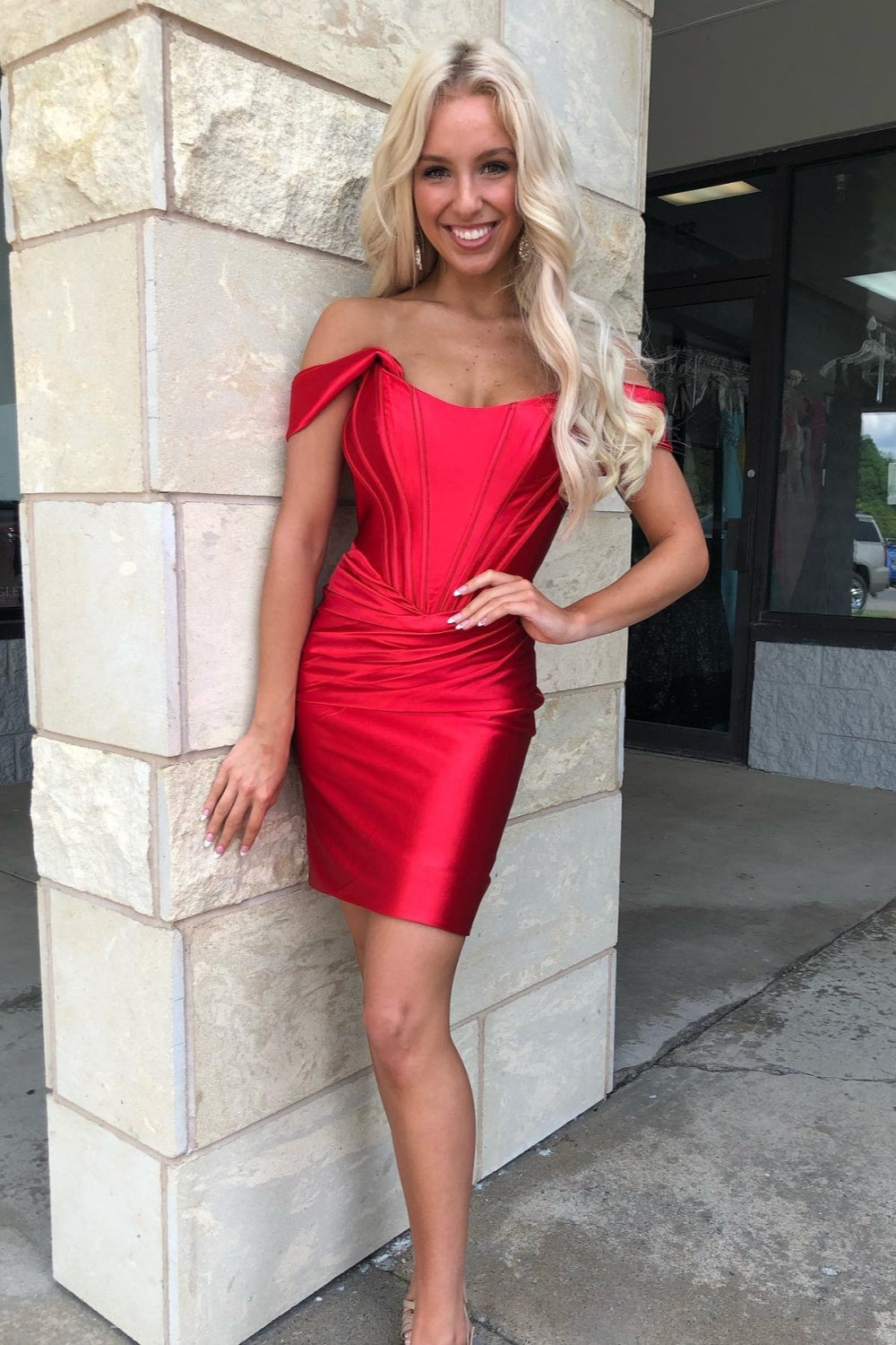 Off the Shoulder Hot Pink Ruched Short Dress
