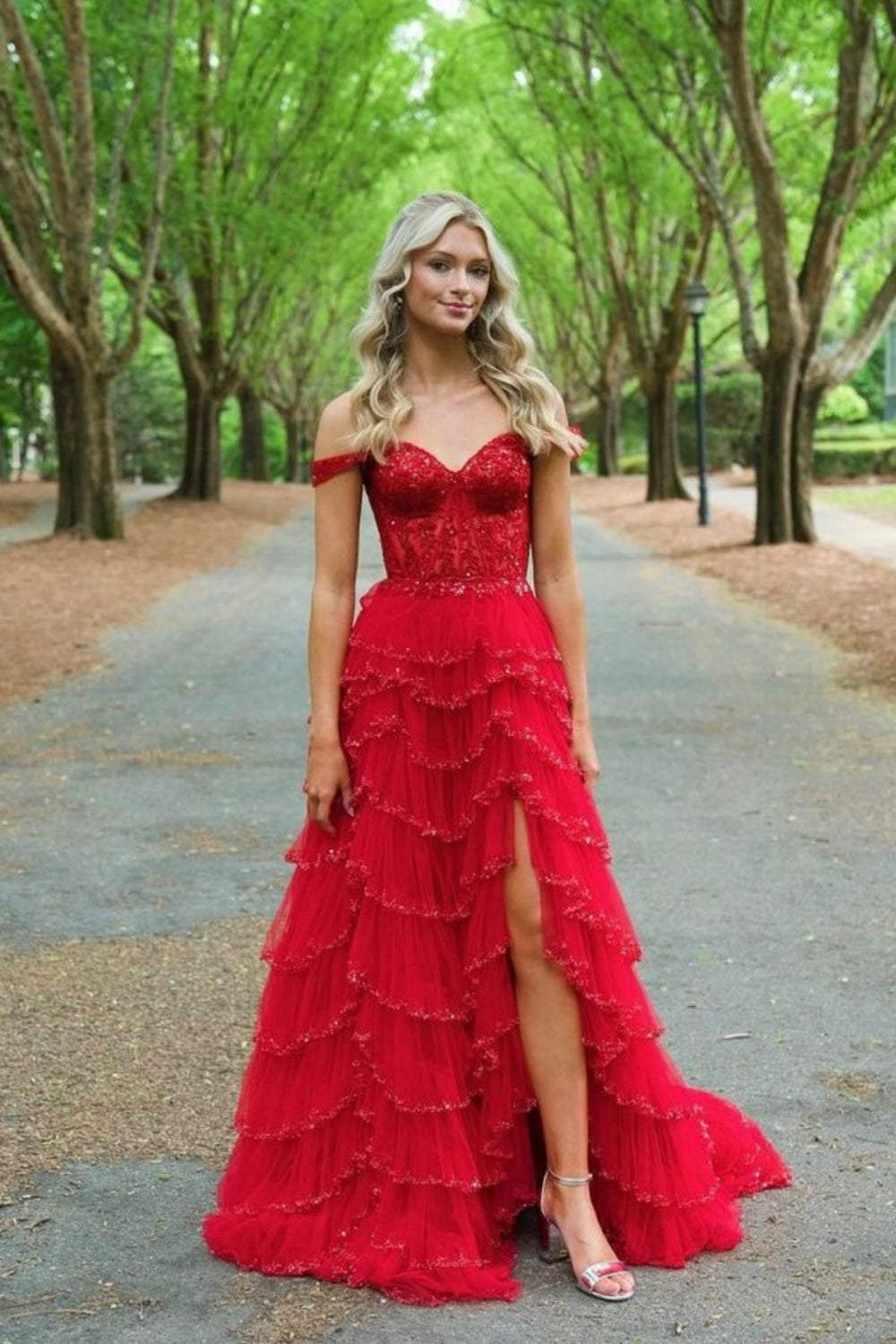 Off the Shoulder Light Pink Sequin Tiered Long Dress