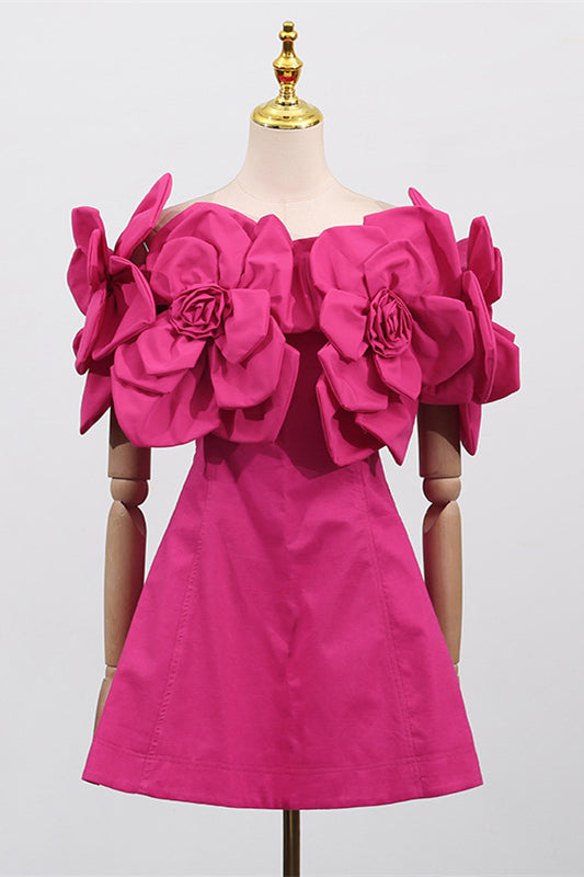 Off the Shoulder Pink 3D Floral A-line Short Dress